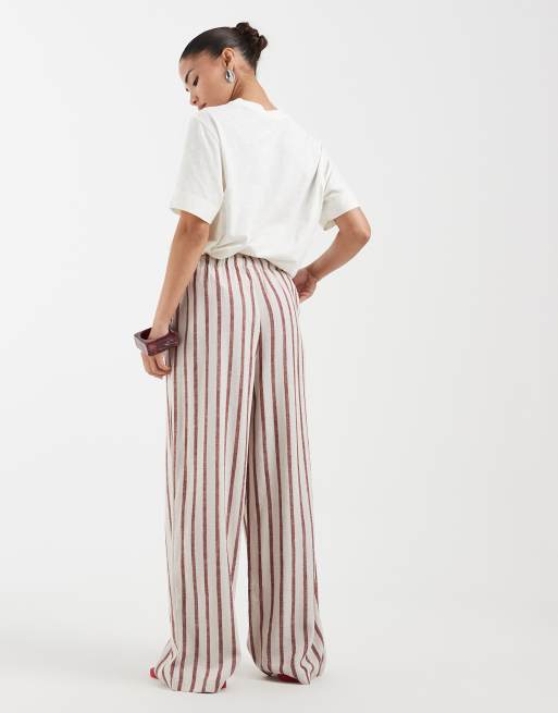 ONLY Petite - Pantaloni allacciati in vita in misto lino beige e rosso a righe, 5 di 5