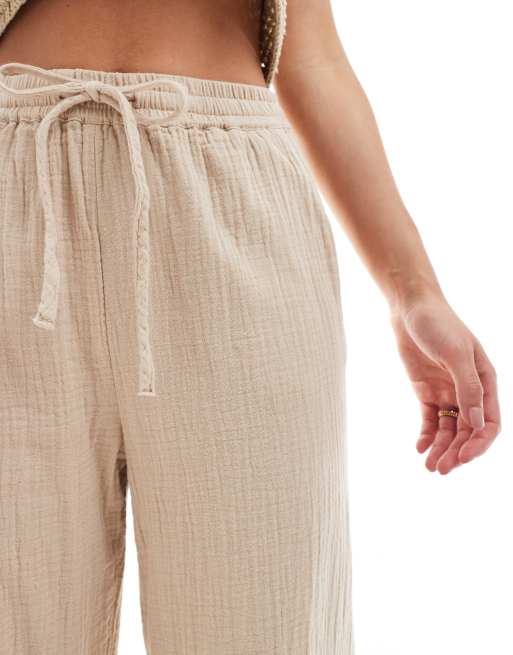 ONLY Petite - Pantaloni beige a fondo ampio in mussola , 2 di 5
