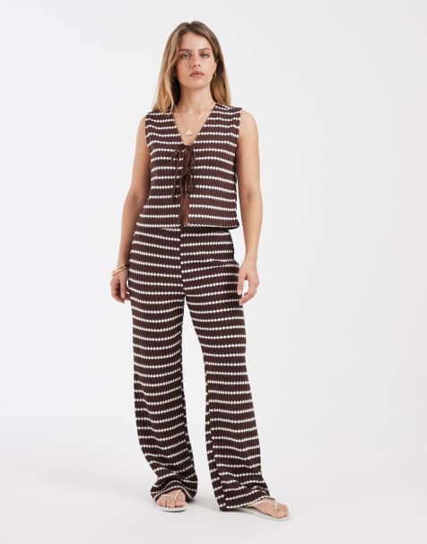 ONLY Petite - Pantaloni in maglia marrone a righe in coordinato - view 1