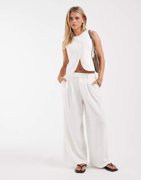 ONLY Petite - Pantaloni sartoriali a fondo ampio in misto lino bianchi in coordinato - view 1