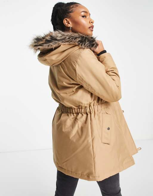 Only Petite - Parka med hætte af imiteret pels i camel , 2 af 4