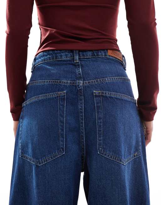 ONLY Petite Paulina high waist baggy jeans in dark blue denim, 5 of 5