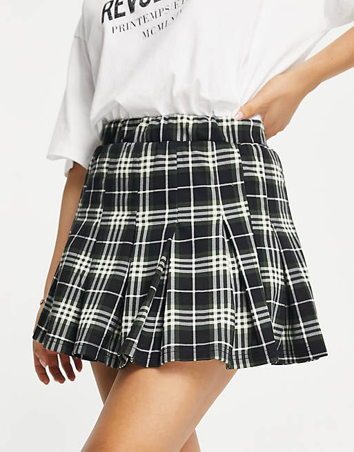 Women Only Petite pleated mini skirt in green check 