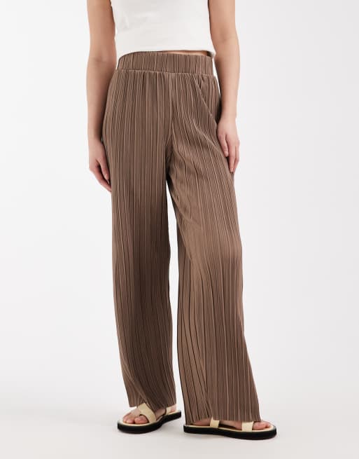 ONLY Petite - Plissé broek met wijde pijpen in lichtbruin, 4 van 5