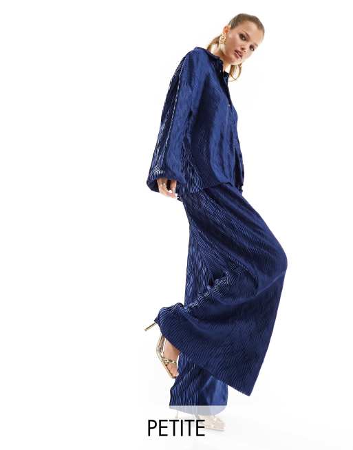 Only Petite plisse pants in metallic blue (Part of a set) 