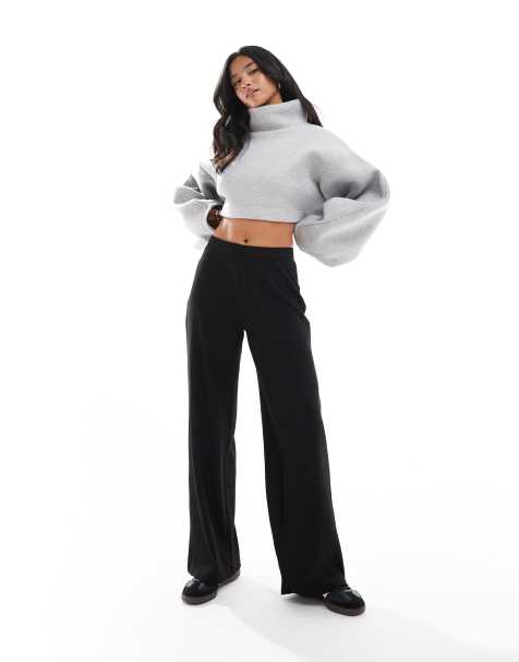 ONLY Petite wide leg ribbed trouser in black
