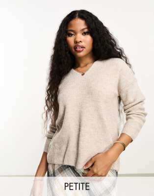 Only Petite - Pullover in meliertem Steinbeige mit V-Ausschnitt-Neutral