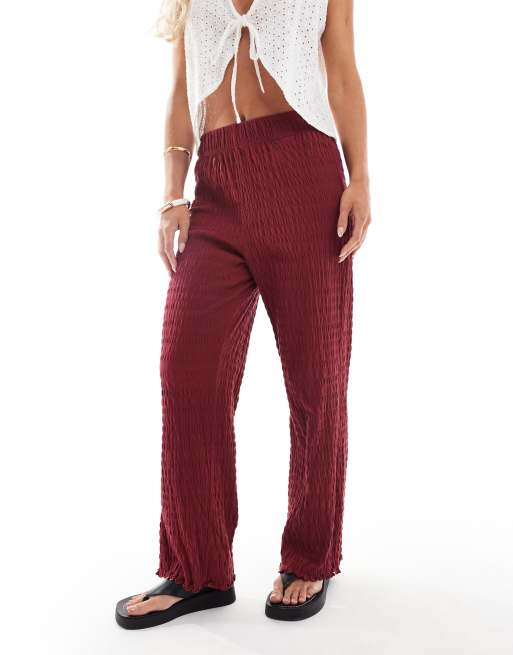 ONLY Petite relaxed fit shirred pants in burgundy, 4 of 5