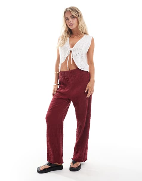 ONLY Petite relaxed fit shirred trousers in burgundy - view 1