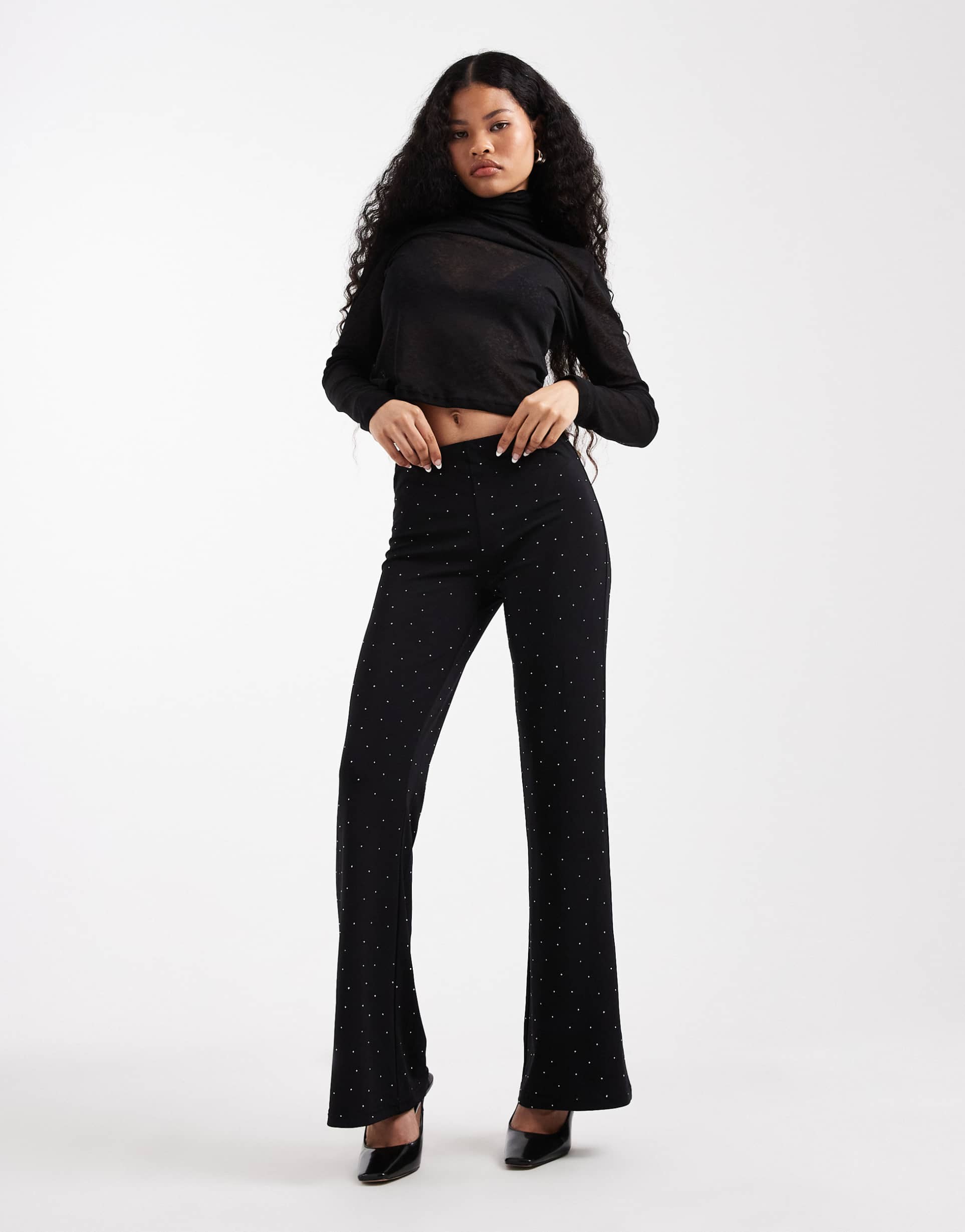 only petite rhinestone flare pants in black