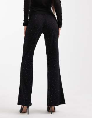 Only Petite Rhinestone Flare Pants In Black