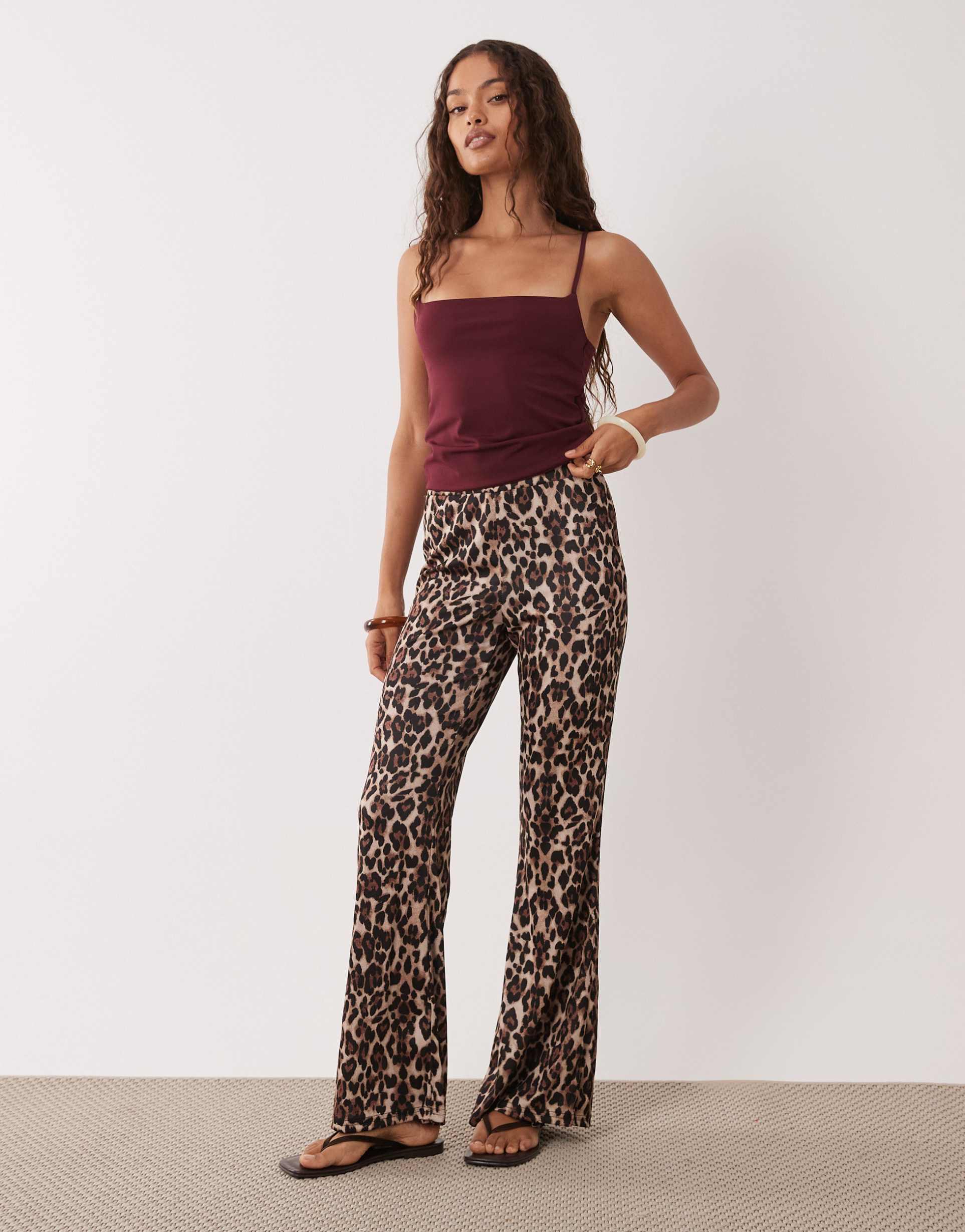 only petite ribbed flare pants in leopard print