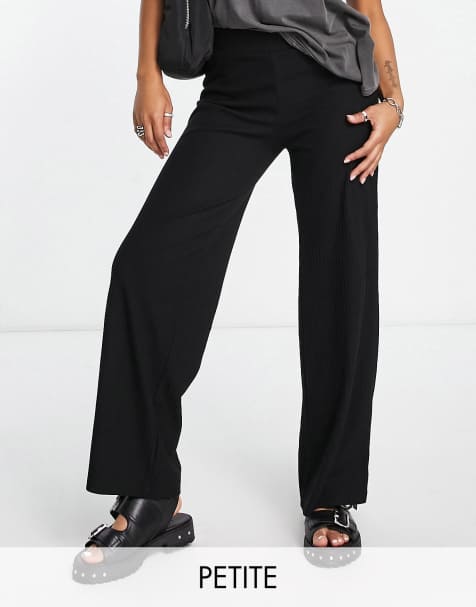 ONLY Petite ribbed wide leg trousers in black  - view 1