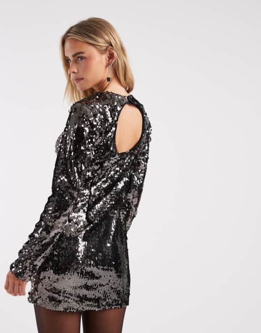 ONLY Petite - Robe courte à sequins à dos ouvert et manches longues - Gris acier, 4 de 4