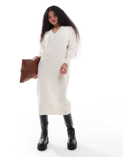 Only Petite - Robe longue en maille à col V - Crème - view 1