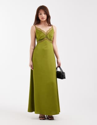Robe longue satinée avec détail en dentelle - Olive-Vert 40-42