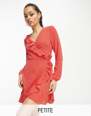 Only Petite frill detail wrap mini dress in red and white print - ASOS Price Checker