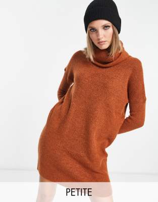 Only Petite Roll Neck Knit Mini Dress In Rust-copper