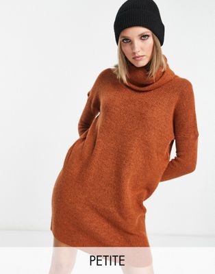 Only Petite roll neck mini knitted dress in rust