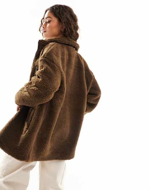 Pieces Curve zip up teddy fleece in chocolate brown