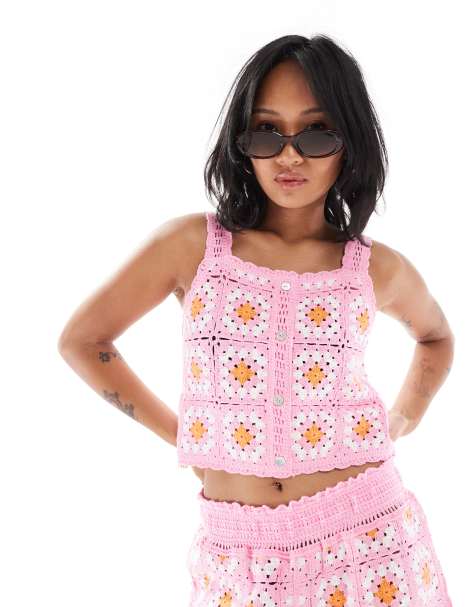 ONLY Petite crochet cropped top co-ord in pink floral