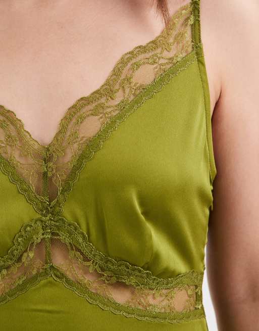 ONLY Petite satin feel maxi dress with lace detail in olive, 4 of 4