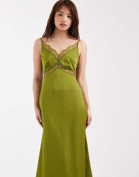 green emerald velvet dress Zapaka Women Dark Green Wedding Guest Dress with Slit Spaghetti Straps Ruffles Bridesmaid Dress, Pine / US6 main image 0