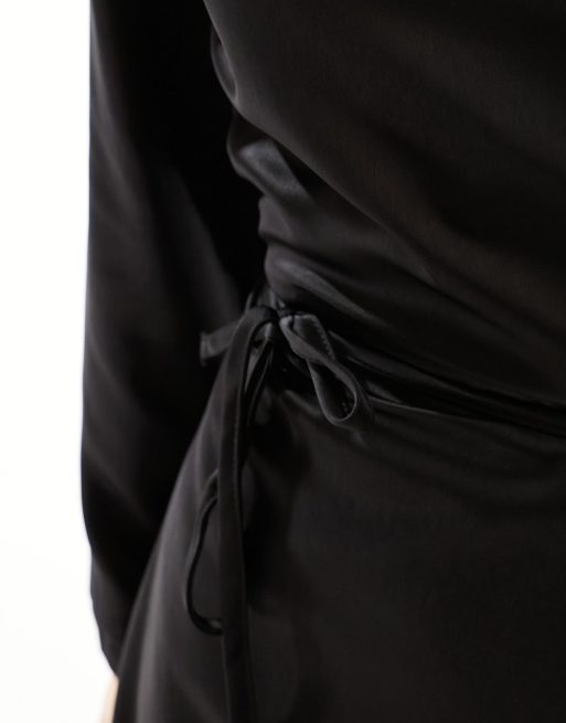 Petite Black Satin Wrap Detail Maxi Dress