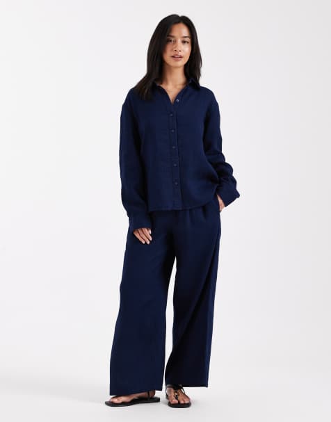 ONLY Petite seersucker shirt and trouser co-ord in navy - view 1