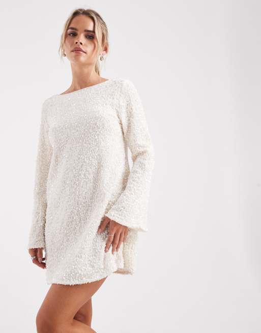 ONLY Petite sequin back bow detail mini dress in white, 3 of 4