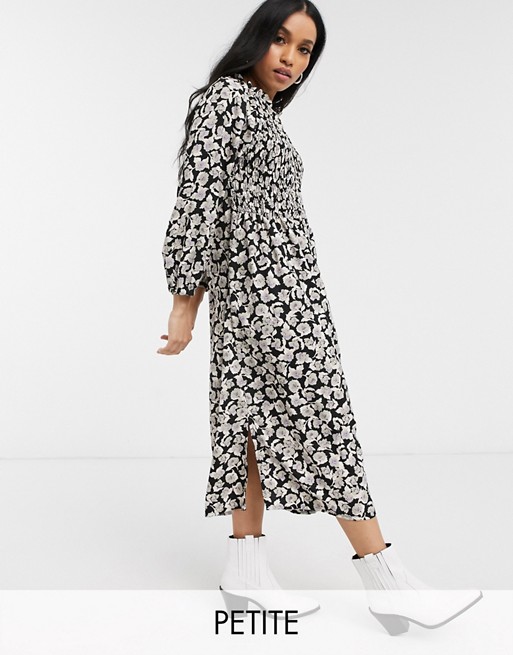 Only Petite shirred midi dress with volume sleeves in floral