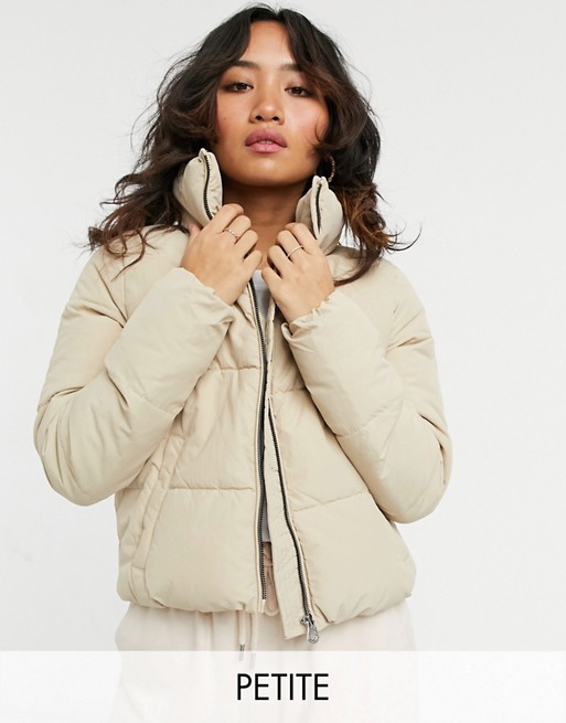 Only Petite short puffer jacket with high neck in beige