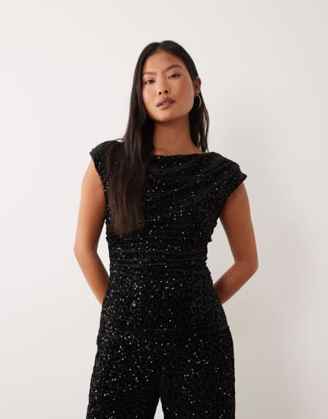 ONLY Petite slash neck ruched sequin top co-ord in black - view 1