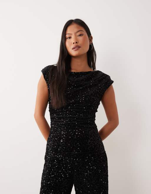 ONLY Petite slash neck ruched sequin top & straight leg trousers co-ord in black, 3 of 3