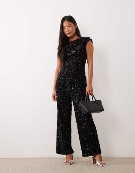 ONLY Petite slash neck ruched sequin top & straight leg trousers co-ord in black - view 1