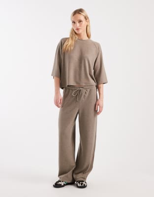 ONLY Petite soft textured boxy t-shirt and soft textured wide leg pants set in light brown