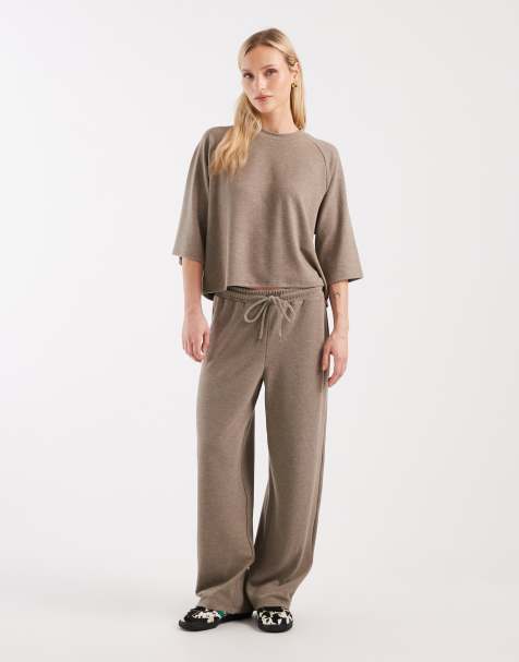 ONLY Petite soft textured boxy t-shirt and soft textured wide leg pants set in light brown - view 1