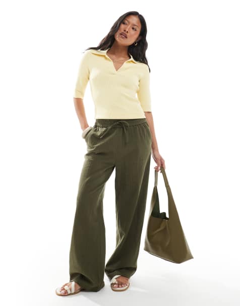 ONLY Petite wide leg linen look trousers in khaki