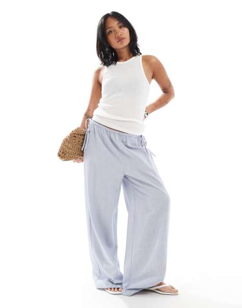 ONLY Petite wide leg tie detail trousers in blue stripes