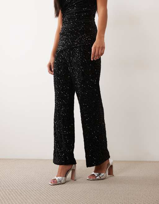 ONLY Petite straight leg sequin pant co-ord in black, 2 of 5