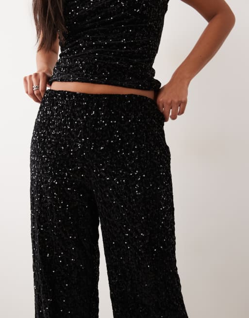 ONLY Petite straight leg sequin pant co-ord in black, 3 of 5