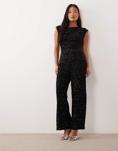 ONLY Petite straight leg sequin trouser co-ord in black - view 1
