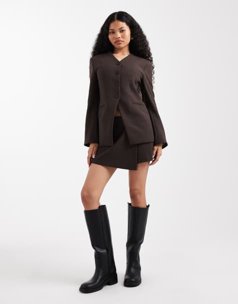 ONLY Petite tailored blazer & skort set in brown - view 1