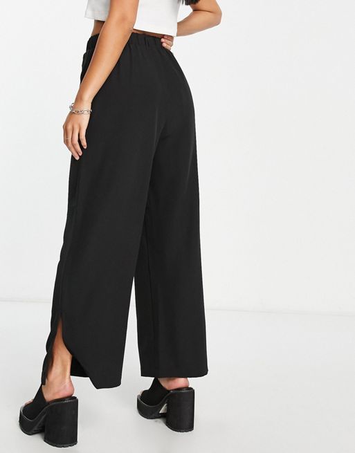 Black Split Skinny Dress Pants  Side Slit Pants Elastic Waist