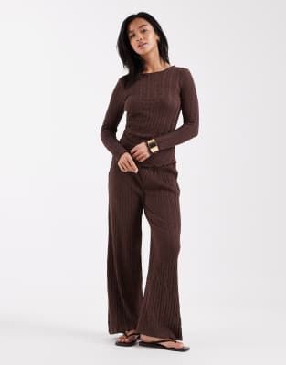 ONLY Petite textured long sleeve top & pants set in chocolate
