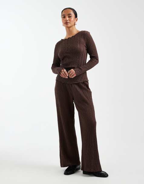 ONLY Petite textured long sleeve top & pants set in chocolate - view 1