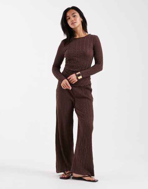ONLY Petite textured long sleeve top & trouser co-ord in chocolate - view 1