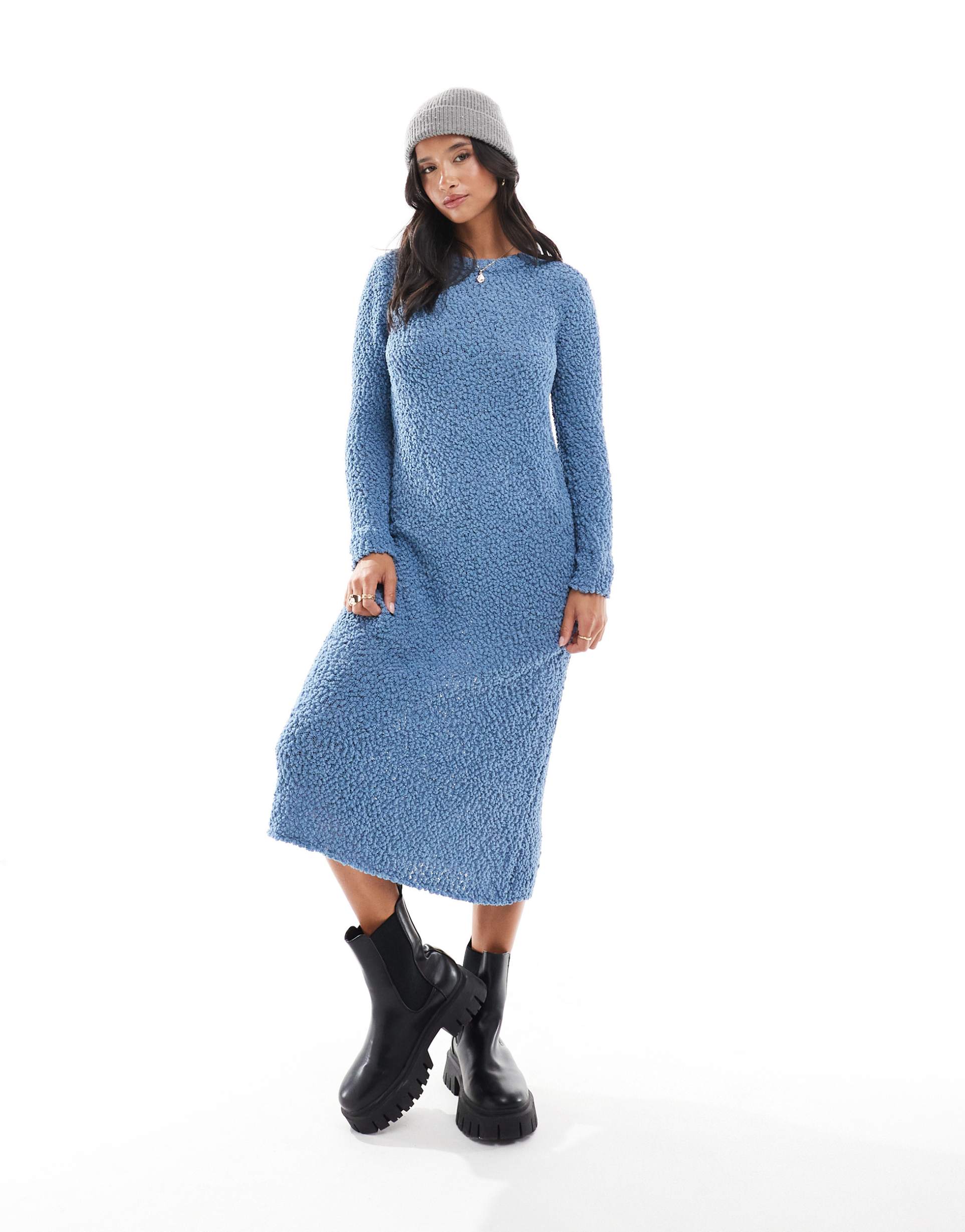 only petite textured maxi knitted dress in blue