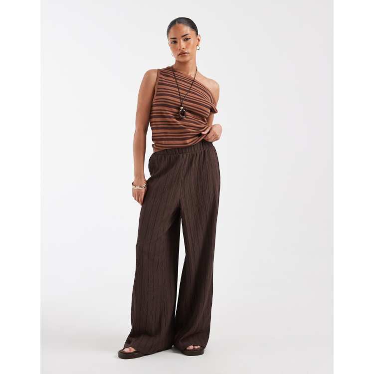 ONLY Petite textured wide leg pants in chocolate-brown stripes | ASOS