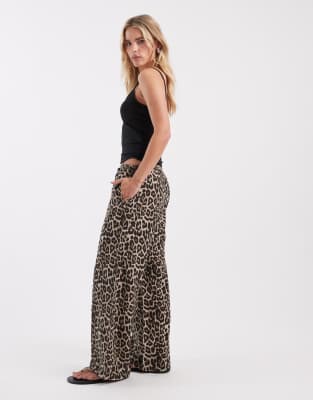 ONLY Petite tie detail pull on pants in leopard print peyote